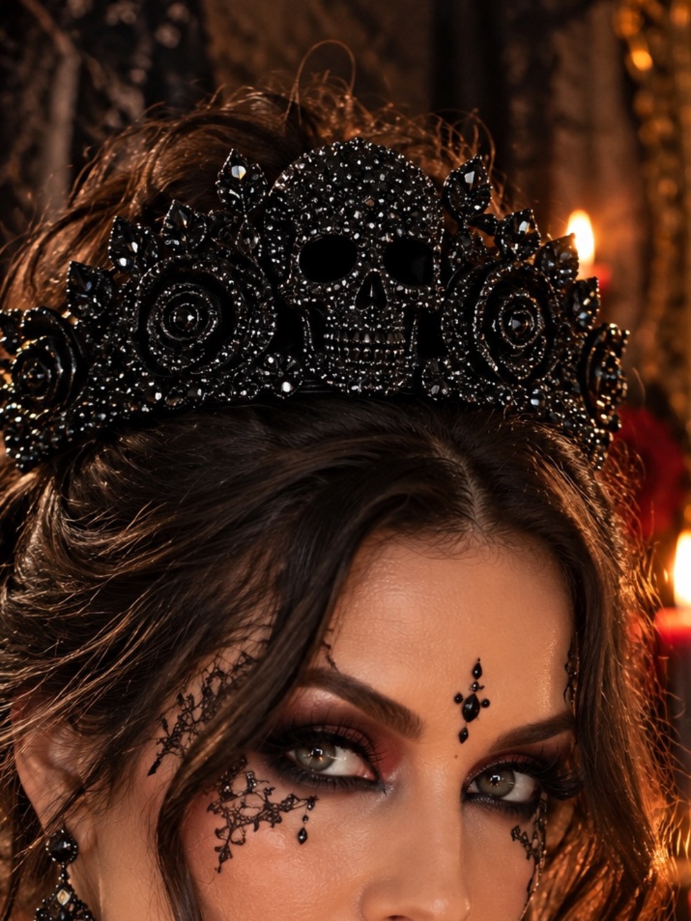 Tiara, Black Crystals, skull and roses, new item, Biker, Goth, Punk, Halloween